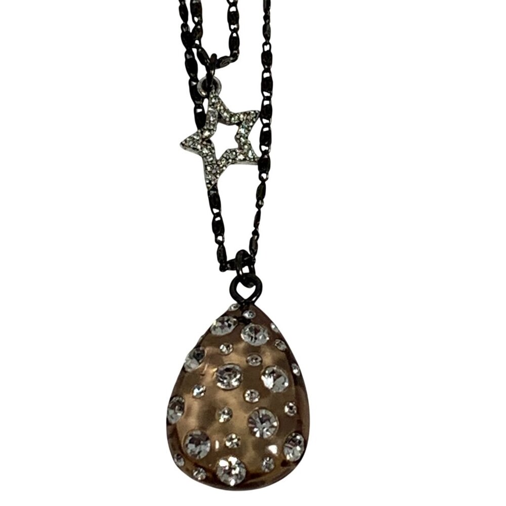 Betsey Johnson Rhinestone Teardrop Star Charm Pendant Double Chain Necklace 22"
